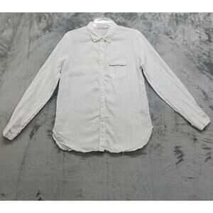 Stateside Top Womens M White‎ Blue Detail 100% Linen Long Sleeve Raw Hem Pocket